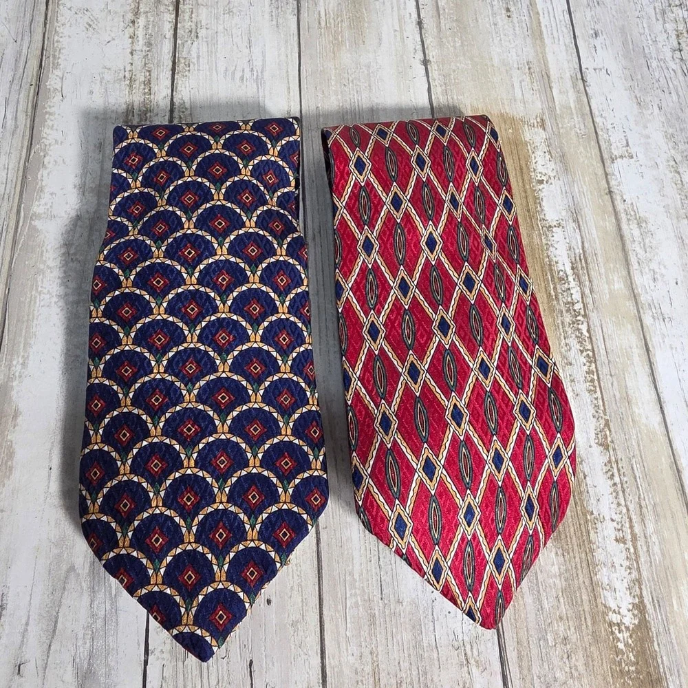 Liberty of London Mens Silk Necktie Set Red Diamond Navy Medallion Geometric 2pk